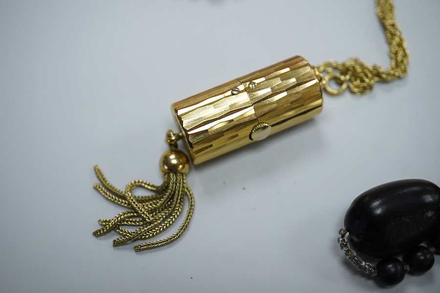 Two coral necklaces and a group of costume jewels, comprising: two coral bead necklaces, each with a gold clasp, combined gross weight approximately 35 grams; together with a simulant pearl necklace and pair of earrings